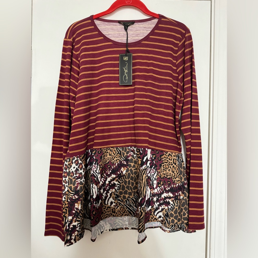 NWT DG2 by Diane Gilman Mixed Print Combo Peplum Top LARGE #Z - Picture 1 of 3